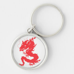 Röd drake Keychain Rund Silverfärgad Nyckelring