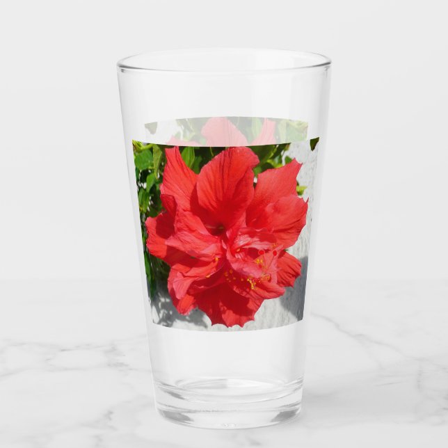 Röd dubbel hibiskusblomma glaskopp (Framsida)