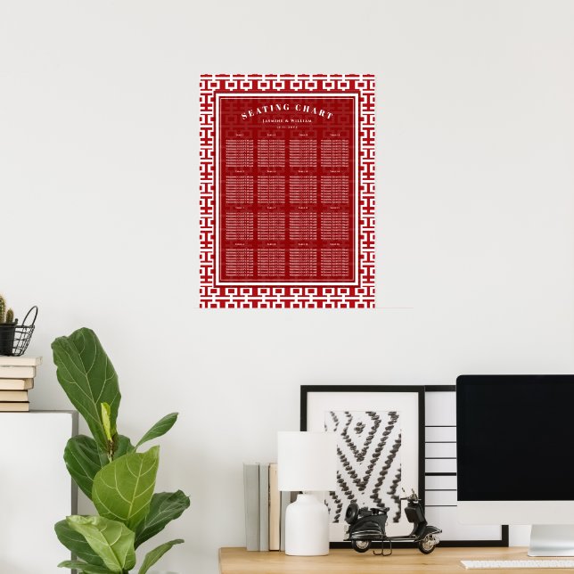 Röd Dubbel Lycka Kinesisk Bröllops Placeringsplan Poster (Hemmakontoret)