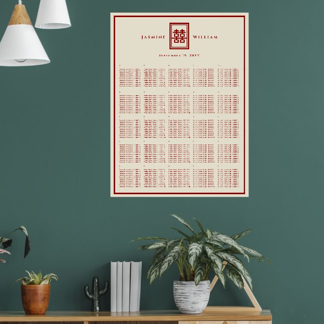 Röd Dubbel Lycka Kinesisk Bröllops Placeringsplan Poster (Vardagsrum 1)