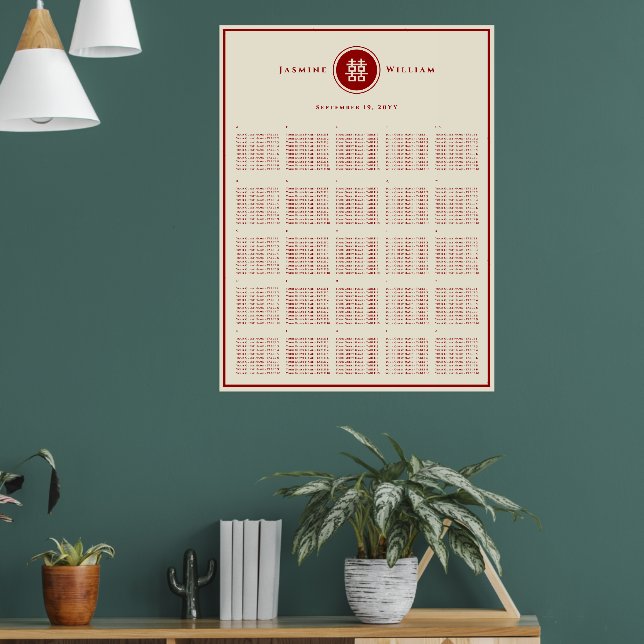 Röd Dubbel Lycka Kinesisk Bröllops Sittplatskarta Poster (Vardagsrum 1)