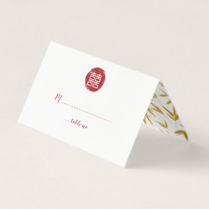 Röd Dubbla Happity & Guld Bamboo Bröllop Visitkort