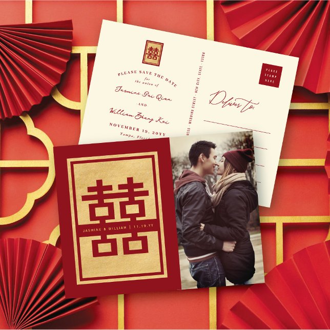 Röd Dubbla: Kinesiskt foto Spara datum Meddelande Vykort (Red/Gold Classic Rectangle Double Happiness Photo Chinese Save The Date Announcement Postcard)