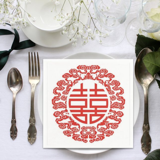 röd dubbla lycka i modern kinesiska bröllop pappersservett (red double happiness modern chinese wedding paper napkins)