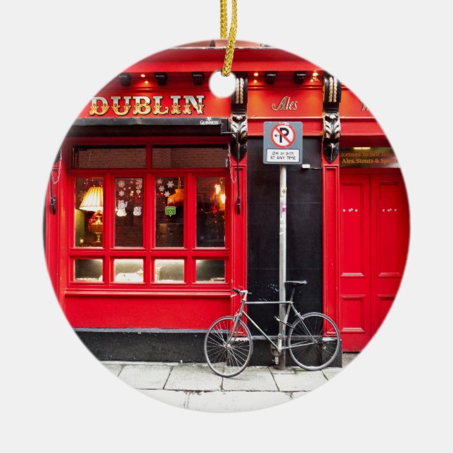 Röd Dublin Pub Julgransprydnad Keramik (Framsidan)