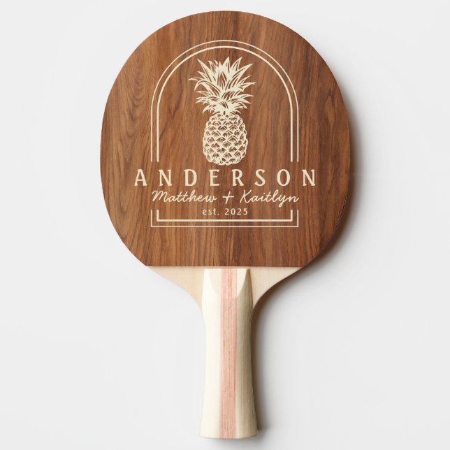 Röd ek trä ananas bröllopsbåge & namn pingisracket (Baksidan)