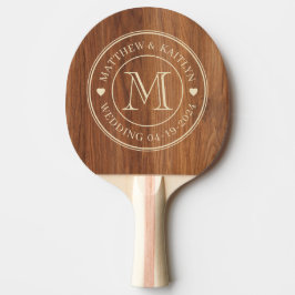 Röd ek trä bröllopsmonogram hjärta pingisracket