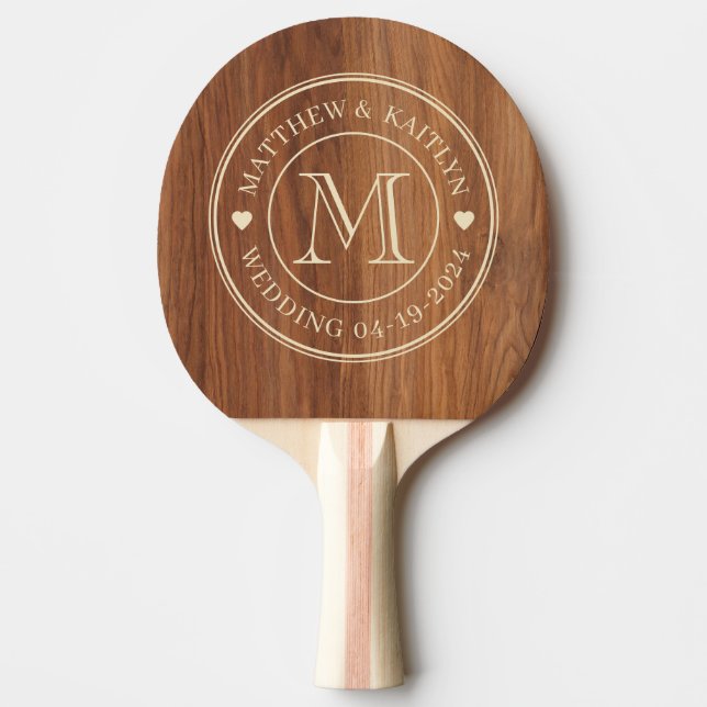 Röd ek trä bröllopsmonogram hjärta pingisracket (Framsidan)