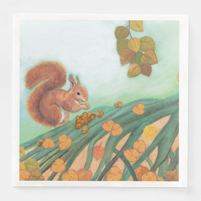Röd ekorre Eating Hazelnut Illustration Pappersservett (Framsida)