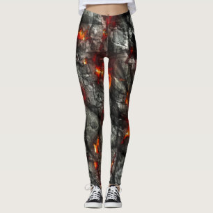 Röd eld, svart sten, fantastisk abstrakt struktur leggings