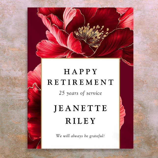 Röd Elegant Blommig Lycka Till Pensionen Välkomsts Poster (Red Elegant Floral Happy Retirement Welcome Sign)