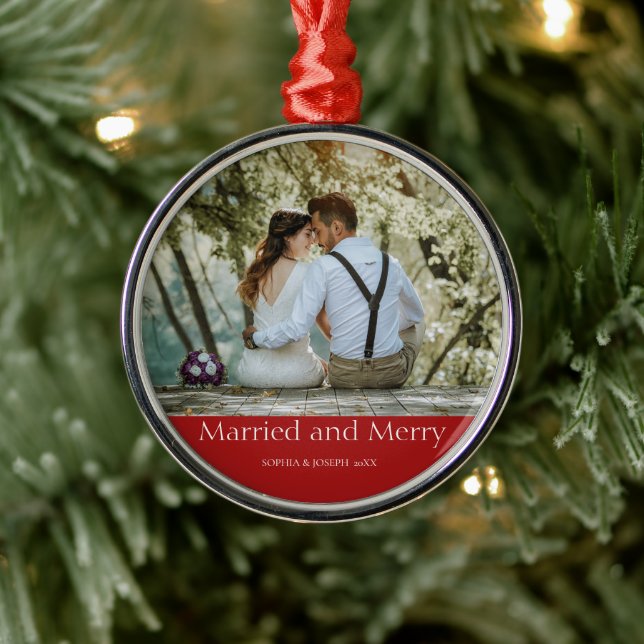 Röd enkel jul gift och Merry Newlyed Julgransprydnad Metall (Träd)