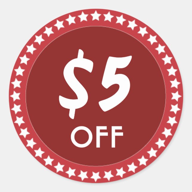 Röd etikett för försäljningsrabatt på 5 dollar av  (Framsida)