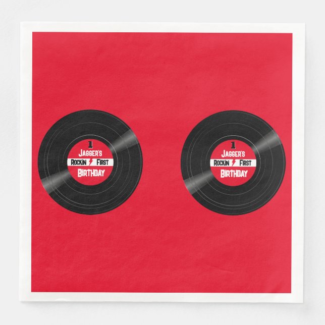 Röd etikett på vinylskivans första födelsedag pappersservett (Framsida)