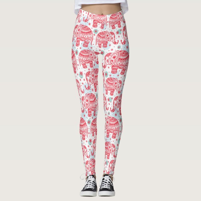 Röd etnisk elefant i Mönster Leggings (Framsida)