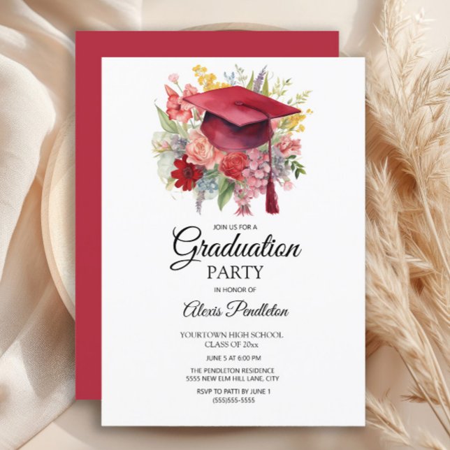 Röd examensmössa Rosa blommig examen Inbjudningar (Red graduation cap party invitation)