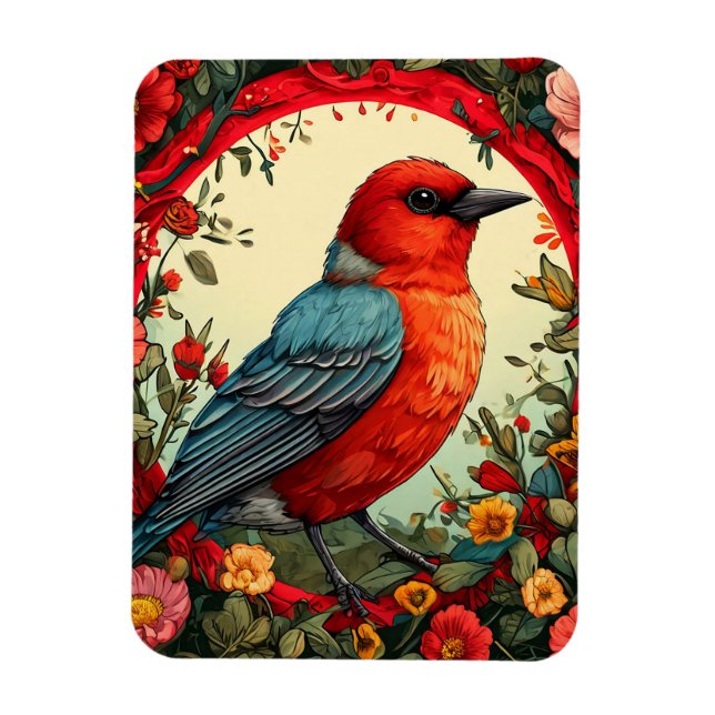 🐦 Röd Fågel Blommig Krans Natur Dekoration 🌸 Magnet (Vertikal)