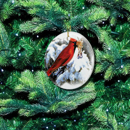 röd fågel i snö julgransprydnad keramik