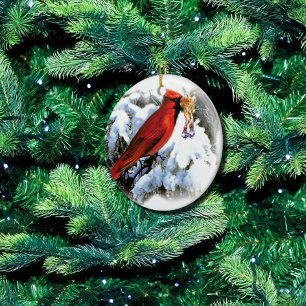 röd fågel i snö julgransprydnad keramik
