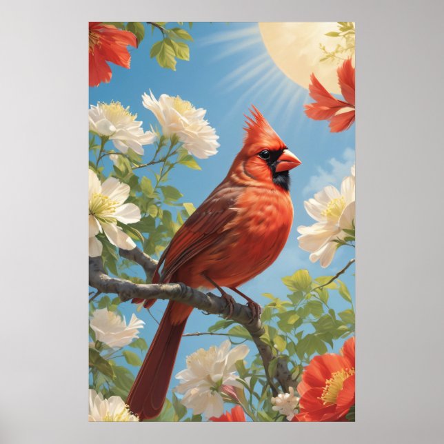 Röd fågel i solsken och blommor poster (Framsidan)