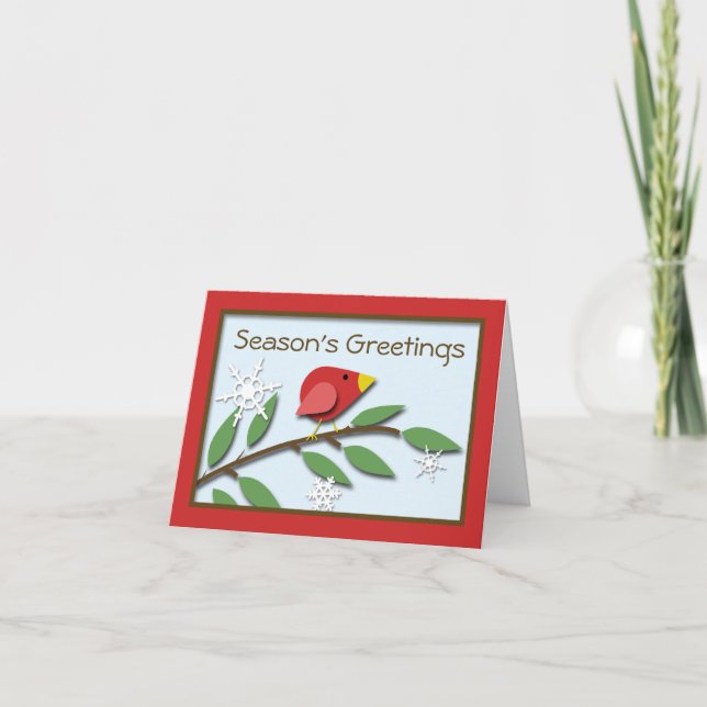 Röd fågel på en gren "God Jul" kort (Framsida)