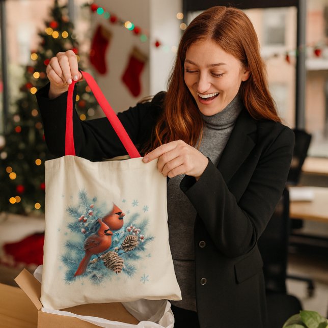 Röd fågel & tall Julnatur Tygkasse (Festive cardinal tote bag with pinecones perfect holiday gift for nature lovers and coworkers.)