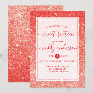 Röd Falsk Glitter Elegant Sweet 16 Födelsedag Inbjudningar