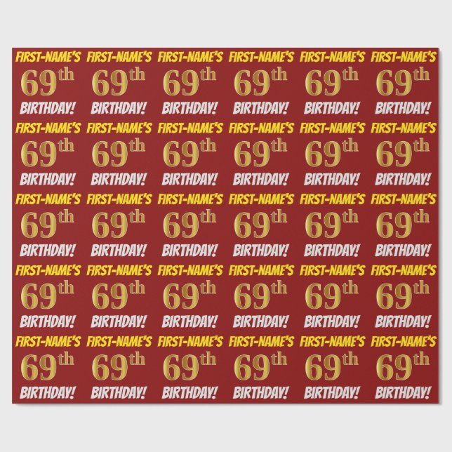 Röd, Falsk/Imitation Guld, "69-ÅRS FÖDELSEDAG" Presentpapper (Platt)