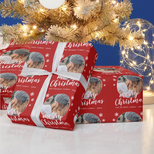 Röd familjefoto Snöflinga God Jul Presentpapper (Helgdagar)