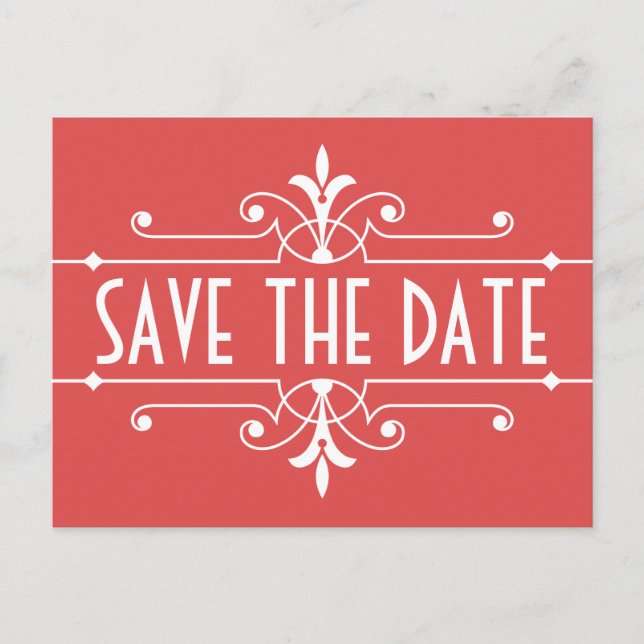 Röd Fancy Ornament Save the Date Postcard Meddelande Vykort (Framsida)