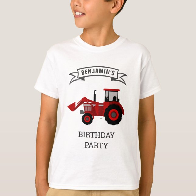 Röd Farm Traktor Barnkalas T Shirt (Framsida)