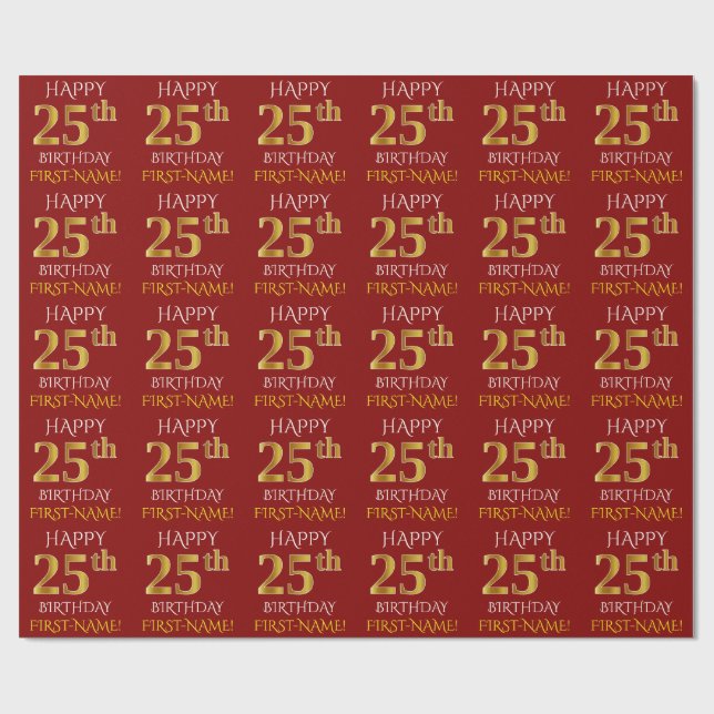 Röd Faux 25th FÖDELSEDAG för guld- "LYCKLIG ", Presentpapper (Platt)