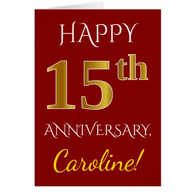 Röd, faux Guld 15:e Bröllop-årsdagen + Namn Hälsningskort (Framsidan)