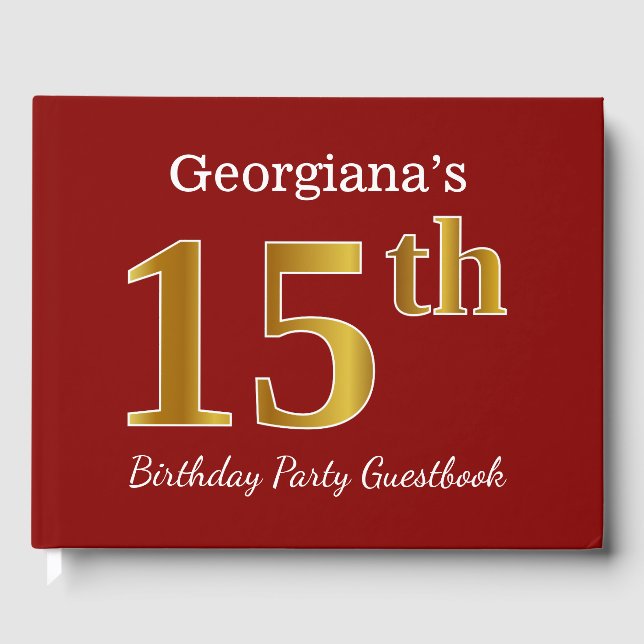 Röd, Faux Guld 15:e Födelsedagsfesten + Anpassat n Gästböcker (Framsida)