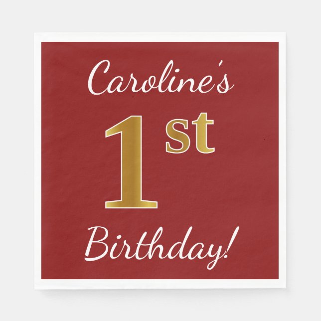 Röd, Faux Guld 1:a födelsedag + Anpassat namn Pappersservett (Framsidan)