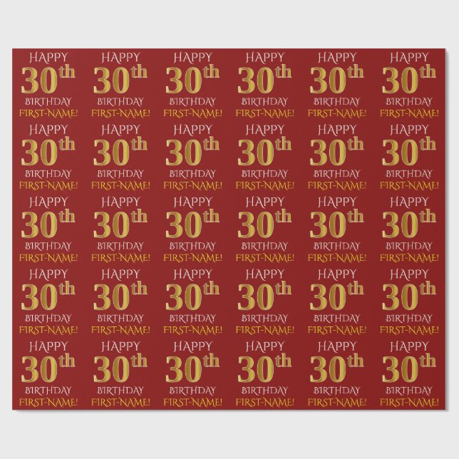 Röd, Faux Guld (LYCKLIG 30års födelsedag) Presentpapper (Platt)