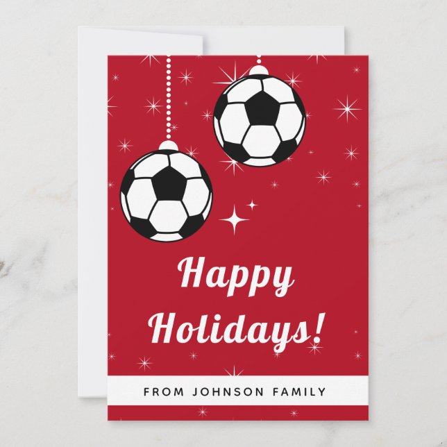 Röd festlig fotbollsprydnad hängande sport- julkort (Framsida)