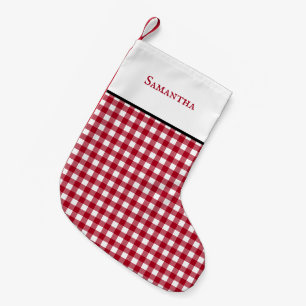 Röd festlig ginghampläd för klassiker med namn liten julstrumpa