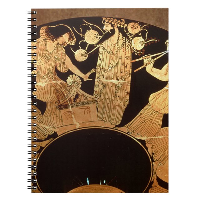 Röd figurkylix för loft som visar Dionysus och Anteckningsbok (Framsidan)