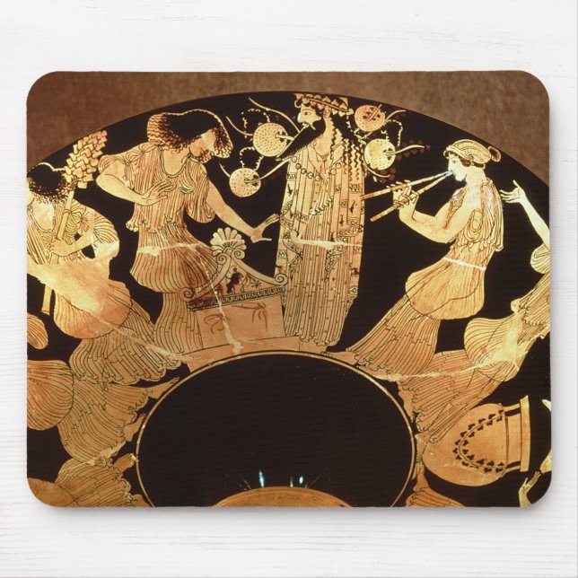 Röd figurkylix för loft som visar Dionysus och Musmatta (Framsidan)