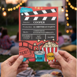 Röd filmkvälls födelsedagsfest för pojkar inbjudningar