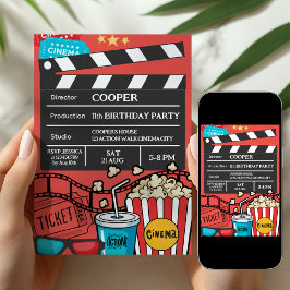 Röd filmkvälls födelsedagsfest för pojkar inbjudningar