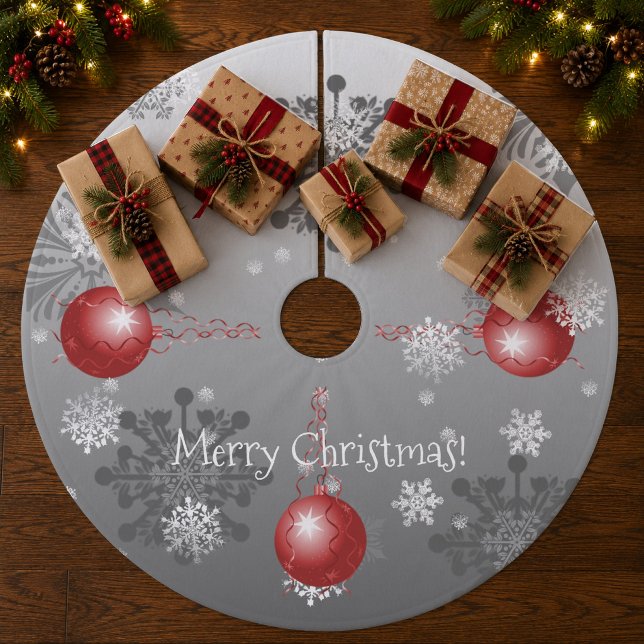 Röd fin julgransmatta med ornament borstad polyester (Red Fancy Christmas Ornament Tree Skirt)
