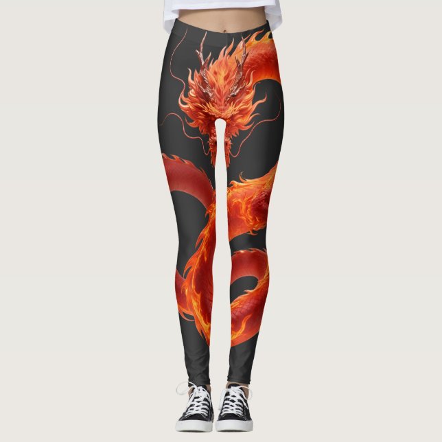 Röd Fire Dragon Art | Mythiskt Flame Dragon Design Leggings (Framsida)