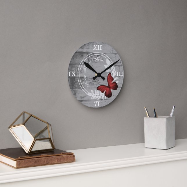 Röd fjäder Rustic Acrylic Wall Clock Rund Klocka (Kontor)