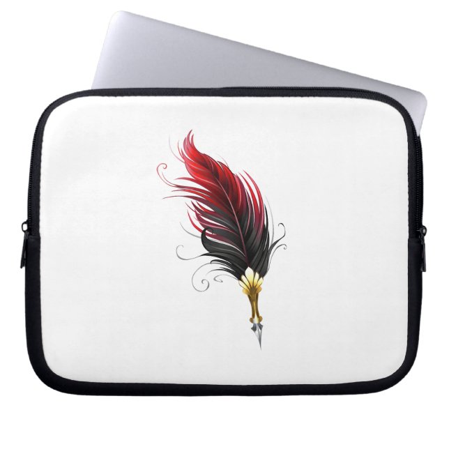 Röd fjäderpenna med guldnäbb laptop fodral (Framsidan)