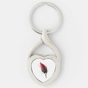 Röd fjäderpenna med guldnäbb twisted heart silverfärgad nyckelring