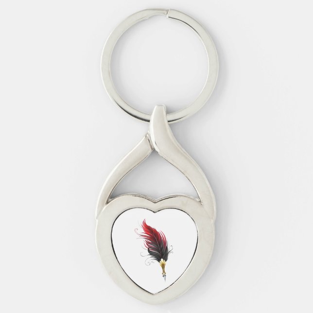 Röd fjäderpenna med guldnäbb twisted heart silverfärgad nyckelring (Framsidan)