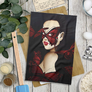 Röd Fjäril Masquerade Kvinna Gothic Fantasy Kökshandduk