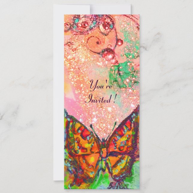 RÖD FJÄRIL ROSA FUCHSIA GULD Blommig Söt 16 Inbjudningar (Framsida)